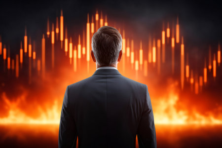 Businessman watching financial candle chart with fire and declining marketの素材