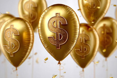 Golden balloons with dollar symbols floating, celebrating finance and wealthの素材