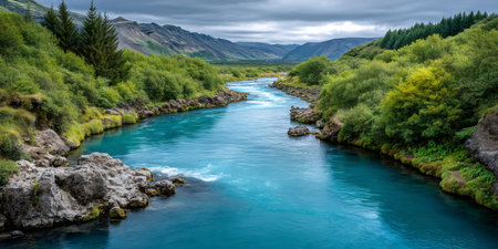Glacial river with blue water meandering through a vibrant green valley under a cloudy skyの素材