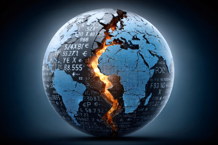 Cracked world globe displaying financial data symbols with glowing coreの素材