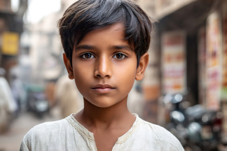 Young boy looking directly foreground, background blurred street sceneの素材