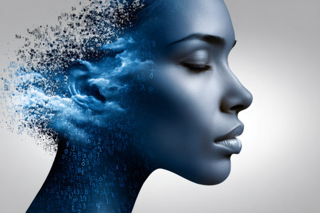 Woman's profile with flowing numbers and digital clouds symbolizing ai and consciousnessの素材