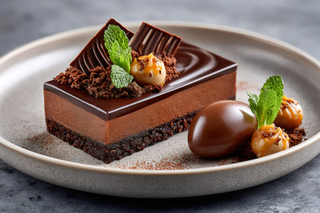 Chocolate mousse with glaze, crispy base, caramel balls, and fresh mint on a plateの素材