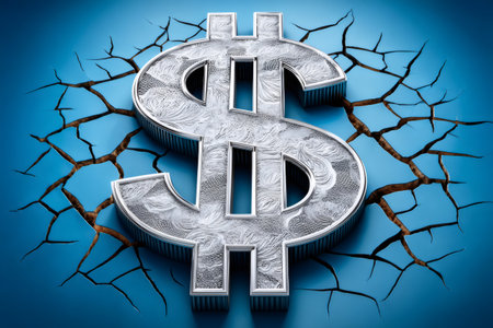 Dollar sign breaking through a cracked surface, representing economic instability and recessionの素材