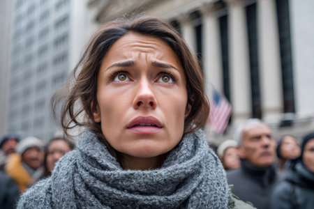 Woman looking up with concerned expression in a city crowd, reflecting economic uneaseの素材
