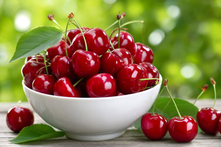 Red cherries filling a white bowl on a wooden surface with green bokeh backgroundの素材