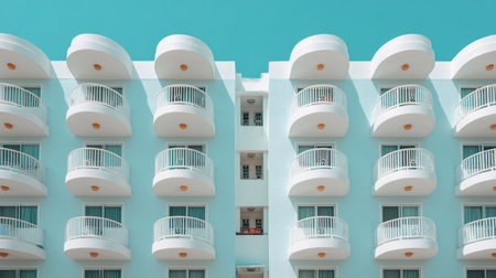 Building facade featuring repeating white balconies against a pastel teal wall under a clear skyの素材