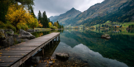 Wooden pier extending into clear lake with mountain and autumn trees reflecting in calm waterの素材