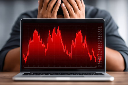 Anxious investor watching a red financial chart on a laptop, facing a market loss or recessionの素材