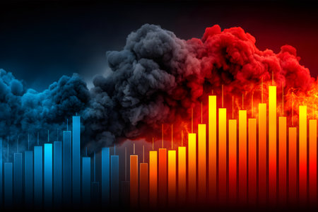 Bar chart visualizing climate change and environmental pollution with blue and red smokeの素材