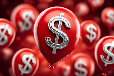 Red balloons with shiny dollar symbols illustrating rising financial costs and market inflationの素材