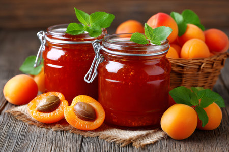 Apricot jam in glass jars with fresh apricots on a rustic wooden tableの素材