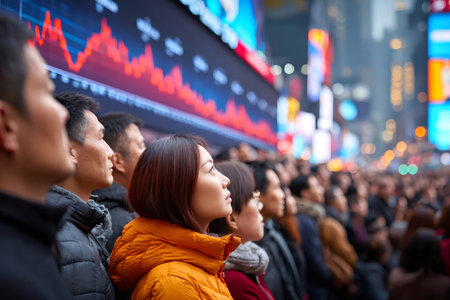 People in a city looking at financial crisis data on a large digital screenの素材