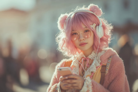 Young woman with pink hair and headphones holding a smartphone, looking at cameraの素材