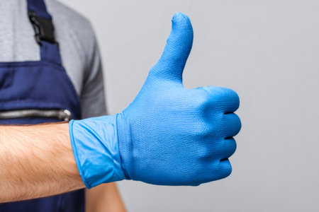 Worker hand wearing a blue protective glove shows a thumbs up gestureの素材