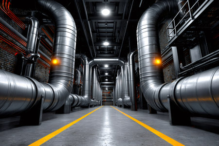 Industrial plant corridor featuring metal pipes, safety markings, and brick wallsの素材