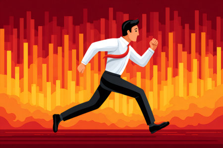 Businessman running through a fiery city, escaping danger and facing stress or a deadlineの素材