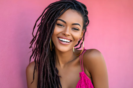 Cheerful young woman with dreadlocks showing a genuine smile against a vibrant pink wallの素材