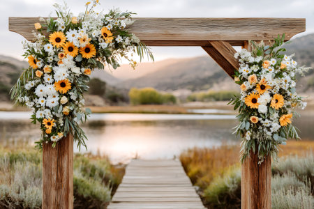 Wooden arch decorated with sunflowers and daisies for an outdoor wedding ceremony by the waterの素材
