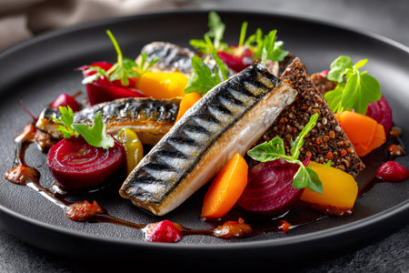 Grilled mackerel fillet with beets, carrots, and a savory sauce on a dark plateの素材