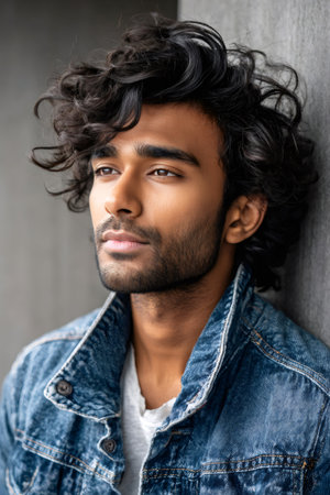 Thoughtful young adult man leaning against a concrete wall, expressing contemplationの素材