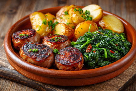 Sausages, roasted new potatoes, and sauteed spinach served on a rustic plateの素材