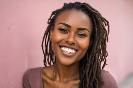Black woman with dreadlocks smiling brightly against a pink backgroundの素材