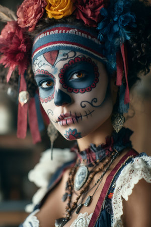 Woman wearing vibrant sugar skull makeup and floral headpiece for a traditional cultural festivalの素材