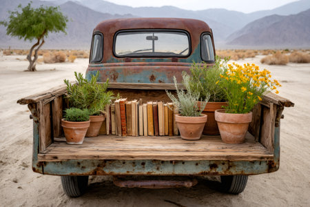 Rusty vintage truck bed holding terracotta pots with green plants and a row of classic literatureの素材
