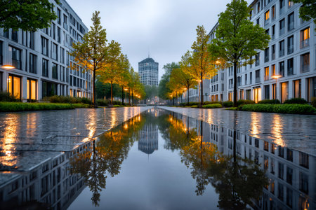 Wet city street reflecting modern architecture and illuminated trees in a large puddleの素材