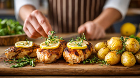Chef adding thyme on delicious grilled chicken breasts with lemon and roasted potatoesの素材