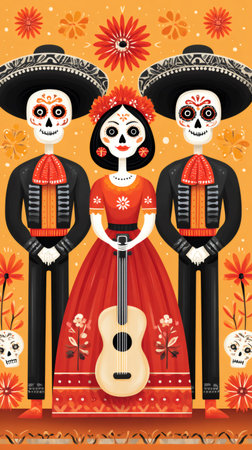 Calavera characters wearing traditional clothing and holding a guitar, celebrating dia de los muertosの素材