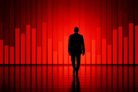 Silhouette businessman figure walking on reflective floor, facing a red bar graph backgroundの素材