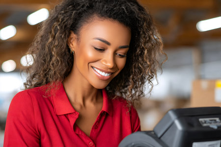 Smiling black woman employee working at a checkout counter, providing customer serviceの素材