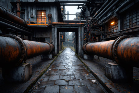 Rusty pipes leading along a damp brick pathway in a decaying industrial factoryの素材