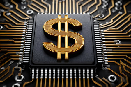 Golden dollar symbol on a microchip representing fintech and electronic moneyの素材