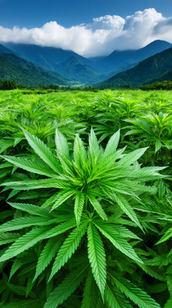 Cannabis field stretching towards distant mountains under a cloudy blue skyの素材
