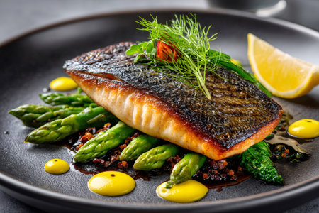 Pan fried white fish serving with green asparagus, a lemon wedge, and fresh dillの素材