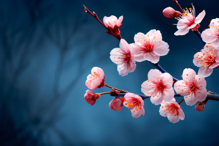 Cherry blossoms on a branch against a blurred blue background, symbolizing renewalの素材