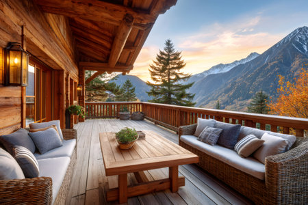 Wooden balcony furnishing enjoying tranquil mountain views during sunset in autumnの素材