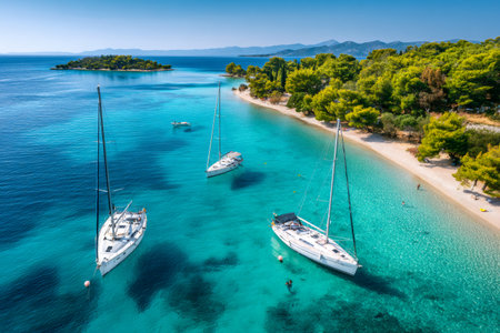 Sailboats floating on transparent sea water next to a lush green coastline and people swimmingの素材