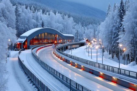 Icy olympic bobsleigh and luge track curving through a frozen forest surrounded by snowの素材