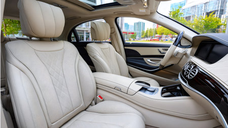 Modern luxury vehicle interior featuring comfortable beige leather seats and wood trim elementsの素材