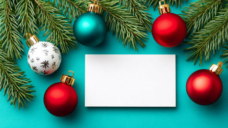 Christmas ornaments and green fir branches surrounding a blank greeting card on a turquoise backgroundの素材