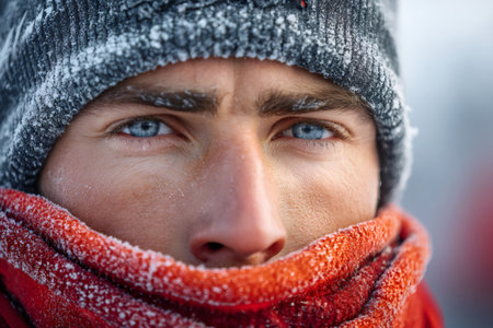 Man with frosted beanie and scarf protecting his face from the intense winter coldの素材