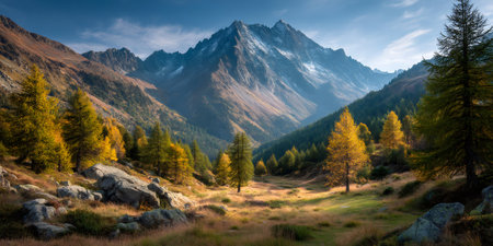 Mountain valley displaying a changing autumn landscape with snow-capped peaks and golden larch trees under sunny skiesの素材