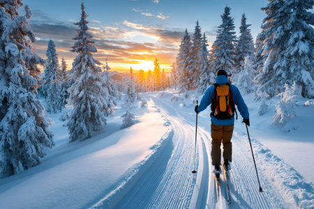 Man skiing through a snowy winter forest landscape at golden hourの素材