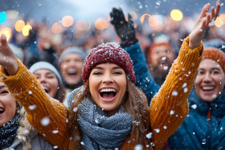 Group of diverse people smiling, celebrating, and cheering during a snowy winter festivalの素材