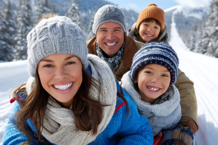 Family smiling together, riding a sled in fresh snow during winterの素材