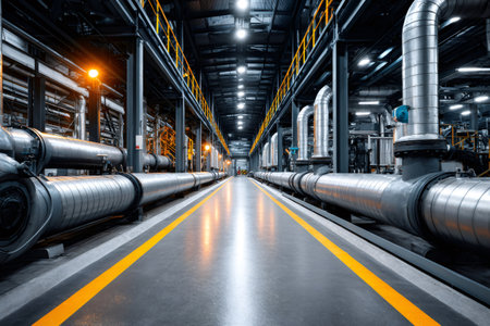 Modern industrial factory interior showcasing pipelines, machinery, and a clearly marked safety walkwayの素材